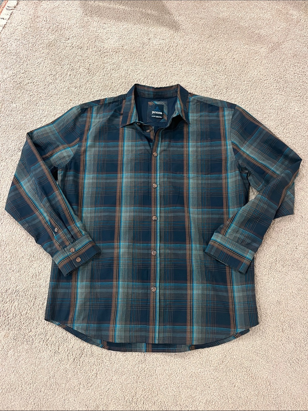 Prana Men's Teal and Navy Plaid Button-Down Shirt